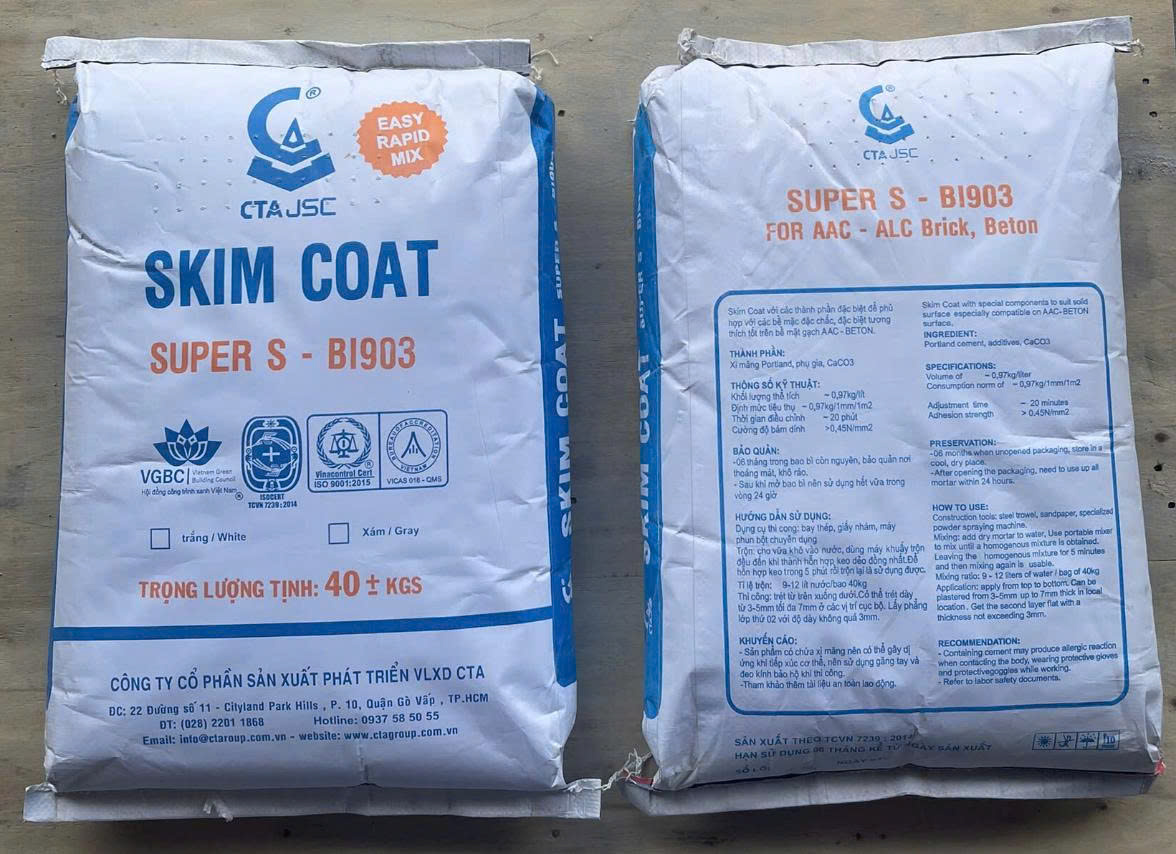 Vữa trát mỏng Skimcoat CTA BI903 vữa trát mỏng skimcoat xử lý bề mặt bề tông, bê tông nhẹ, bê tông khí chưng áp